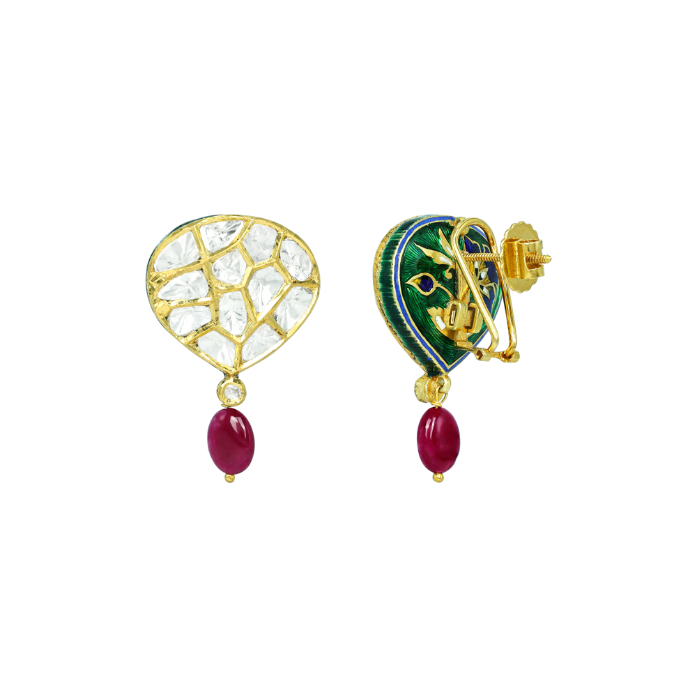 Pear-Shaped Polki Earrings with Ruby Maniya Drop